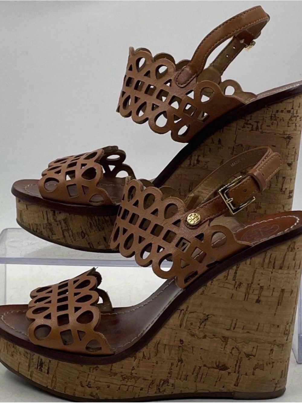 Tory Burch Nori Brown Laser-Cut Cork Wedge Sandals Sz 5 - Picture 10 of 10